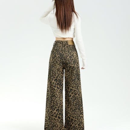 American Style High Street Leopard Print Wide Leg Jeans Women's 2025 Spring New High Waist Loose Slimming Straight Pants