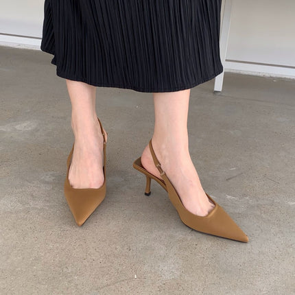 2025 Spring New Pointed Toe Stiletto Mid-Heeled Flats with Hollow Toe Sandals and High Heels Green Women's Shoes