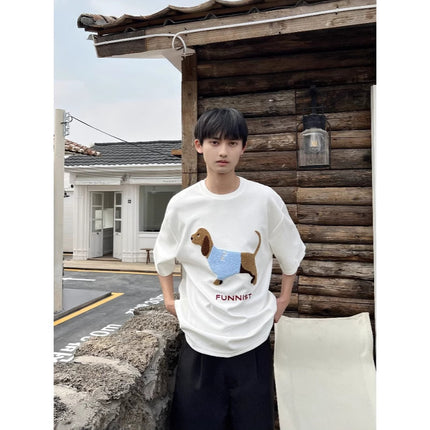 Air Layer Skin-Friendly Dachshund Towel Embroidered Short-Sleeved T-Shirt for Men and Women Summer Heavy Cotton Couple Half-Sleeved T-Shirt