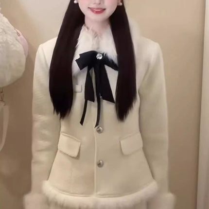 Korean Drama Daughter Big Miss Tight Waist Slimming Woolen Coat Overskirt suit Women's cotton and thickening Warm Two-piece Set