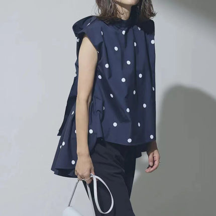 2023 New Japanese Polo Dot Irregular Back Bow Lace Short Sleeve Shirt