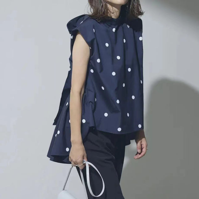 2023 New Japanese Polo Dot Irregular Back Bow Lace Short Sleeve Shirt