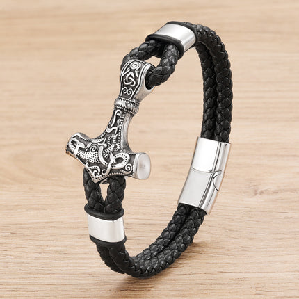 European and American Cross-border Hot Sale Thor's Hammer Woven Viking Jewelry Cowhide Rope Bracelet Stainless Steel Magnetic Buckle Bracelet