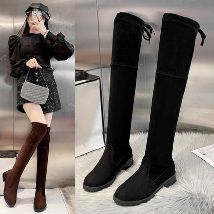 Over-the-knee boots women's plus size stitching high boots 2024 autumn and winter black suede elastic boots suede thick heel thin boots