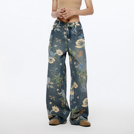 Unisex American High Street Floral Wide-Leg Jeans Printed Loose Fit Nine-Point Two Wide-Leg Floor-Length Pants