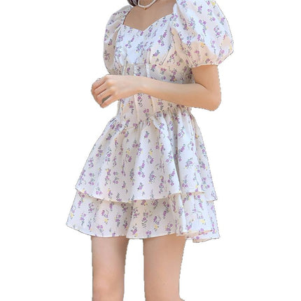 Gentle Style Square Neck Puff Sleeve Floral Dress for Women Summer 2024 New Sweet and Spicy Short Skirt Tutu Skirt