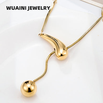 Creative drawstring water drop ball necklace titanium steel electroplating 18K gold high-grade sweater chain women's simple pendant wholesale