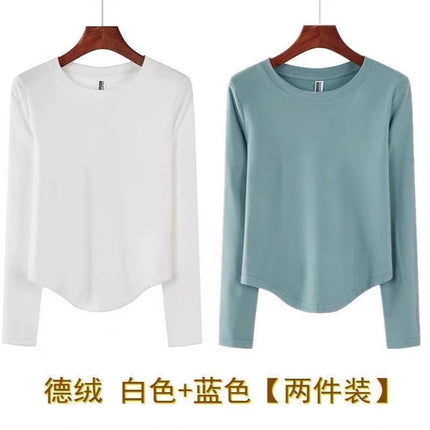 Autumn and Winter Thickened Short Irregular Long-Sleeve T-Shirt for Women, Brushed Slim-Fit Base Layer Top
