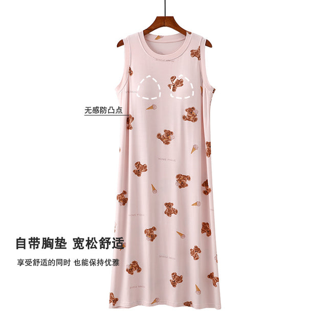 Cartoon Padded Cut-Sleeve Extended Nightgown for Women Summer Thin Printed Can Be Worn Outside Anti-Bump Pajamas Spring