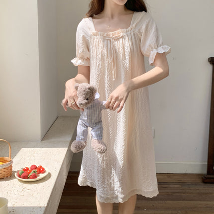 2024 Summer New Style Pajamas with Chest Pad Women's Bubble Cotton Short-Sleeved Nightgown Home Wear Sweet and Cute Outer Wear