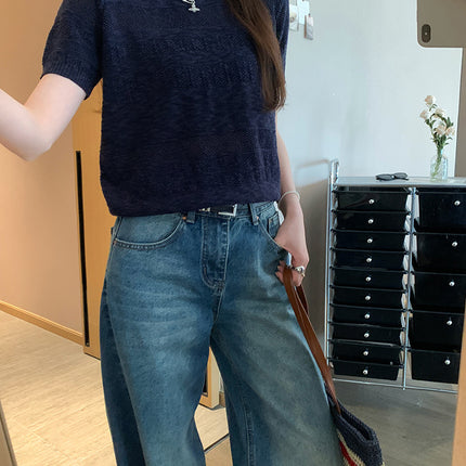 Hollow Chic Splicing Design Round Neck Short-Sleeved T-Shirt for Women 2025 Summer Commuting Versatile Knitwear Top