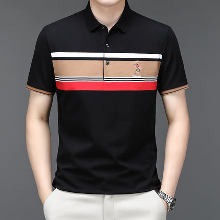 Mingdi Mouse Men's Summer New Pure Cotton Short-sleeved Men's T-shirt Striped Casual Lapel Large Size Men's Polo Shirt