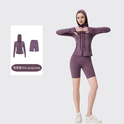 [in Stock] Ld Five-Piece Hooded Yoga Suit for Women, Fitness Yoga Set, High-Waisted, Barely-There Feel, Tight-Fitting Sportswear