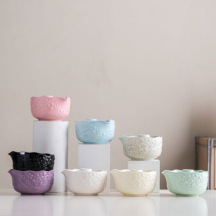 Directly Supplied from the Manufacturer, Exclusively for Cross-Border Trade, Ceramic Matcha Bowl Set with Embossed Cherry Blossom Design, 7-Piece Set with Spout, High Aesthetic Value, Color Box Packaging