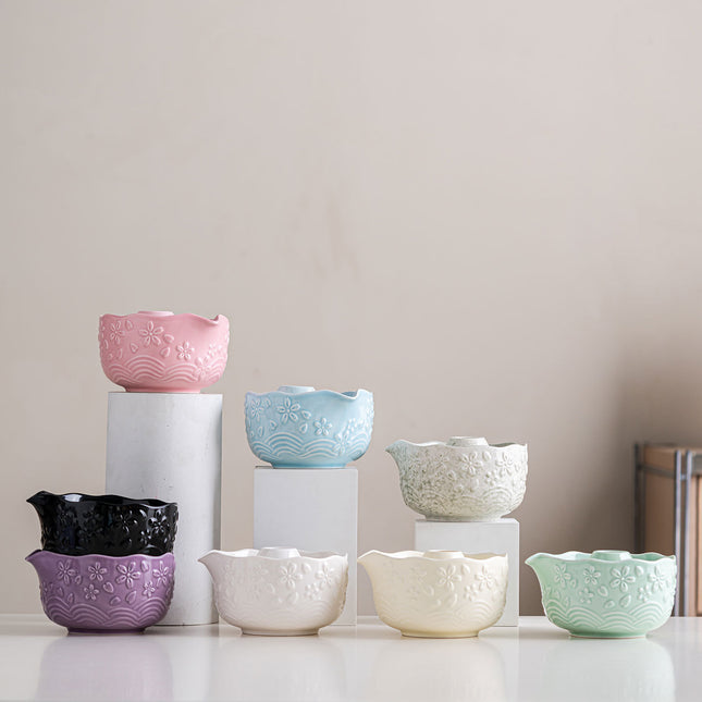Directly Supplied from the Manufacturer, Exclusively for Cross-Border Trade, Ceramic Matcha Bowl Set with Embossed Cherry Blossom Design, 7-Piece Set with Spout, High Aesthetic Value, Color Box Packaging