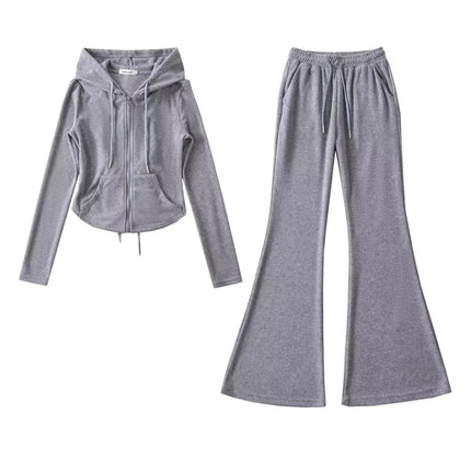 Hot girl waist lace-up hooded sweater jacket high waist stretch slim mop flared pants sports casual suit women