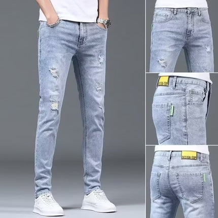 Men's Trendy Summer Thin Light-Colored Slim Fit Skinny Stretch Casual Straight Versatile Washed Jeans