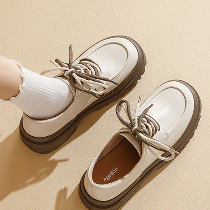 White Thick-Soled Sponge Cake Small Leather Shoes for Women 2025 Spring New Retro British Style Versatile Dwarf Height-Increasing Shoes