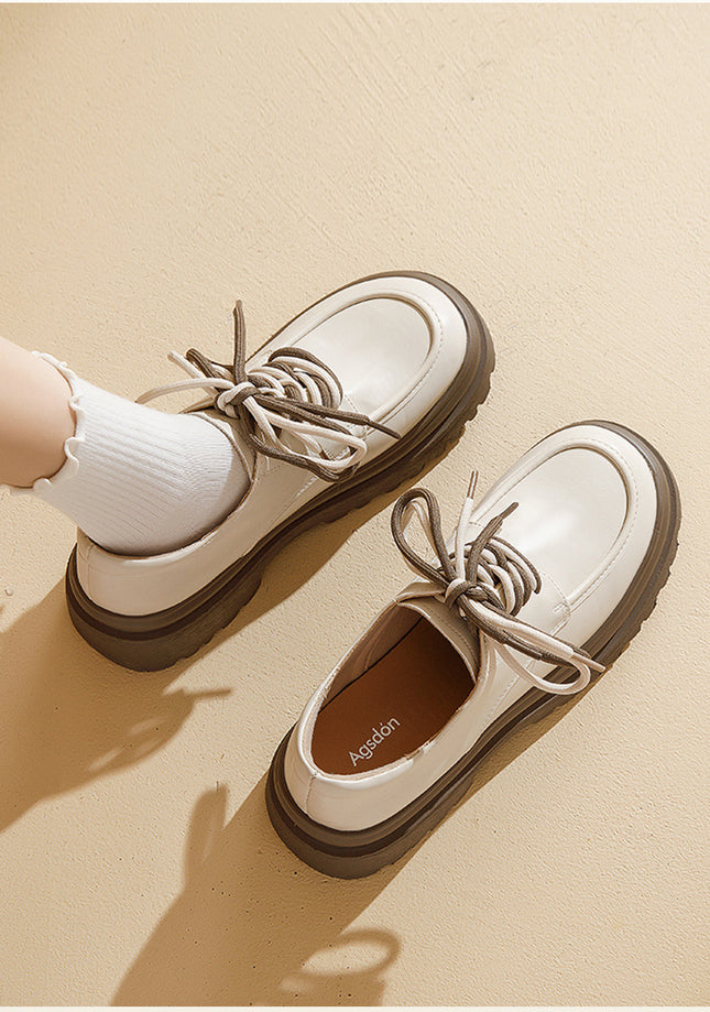 White Thick-Soled Sponge Cake Small Leather Shoes for Women 2025 Spring New Retro British Style Versatile Dwarf Height-Increasing Shoes