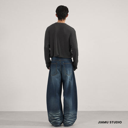 Jiamu Cat Whisker Sickle Pants American Baggy Jeans Unisex Wide-Leg Scimitar Jeans for Men and Women Loose Drape
