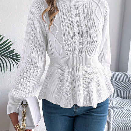Real Shot of Autumn and Winter European and American Style Solid Color Cable Knit Waist-Cinching Ruffled Long-Sleeve Pullover Sweater, Independent Cross-Border Women's Fashion