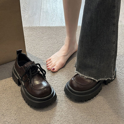 Thick-Soled Small Leather Shoes for Women 2025 Autumn and Winter New British Style New Products with Skirts Black Lace-Up Loafers Brown