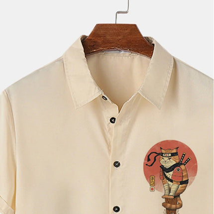 men's cross-border japanese samurai cat pattern lapel short sleeve shirt