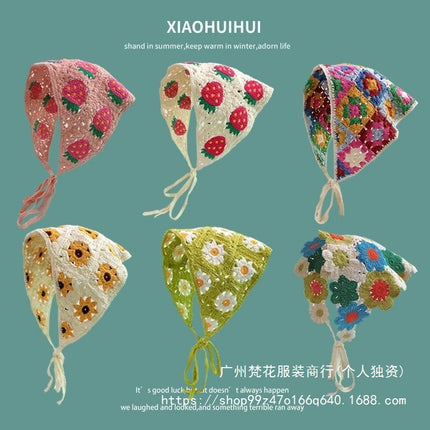 Hot Girl Internet Celebrant Photo Flower French Style Triangle Scarf Headscarf Women's Cute Knitted Hair Band Silk Scarf High-grade Headwear Summer