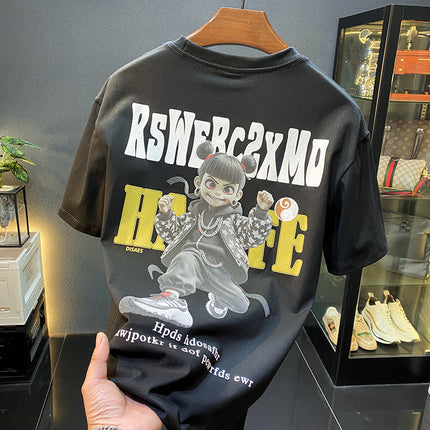 Black Trendy Brand Ins Loose Short-Sleeved T-Shirt Men's Summer Thin Cool Breathable Half-Sleeved Classy National Trend Printed T-Shirt
