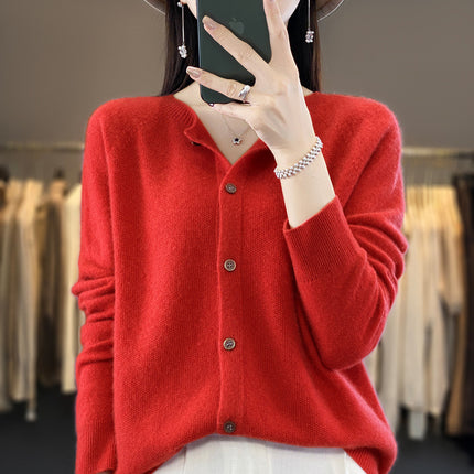 First-line clothing 100 full wool knitted cardigan women's autumn and winter New loose coat versatile comfortable sweater fashion