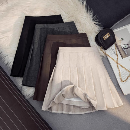 Thickened Woolen Pleated Skirt Skirt Women's Autumn and Winter New Slimming High Waist A- Line JK College Black Ins Short Skirt