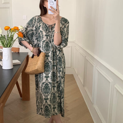2026 New Cotton Silk Nightgown for Women, High-End Printed Short-Sleeved Long Dress, Large Size, Thin Style, Can Be Worn Outside as Loungewear