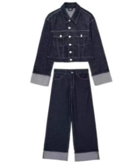 Cross-border European and American women's AliExpress INS explosions Denim jacket coat horn hemming pants suit