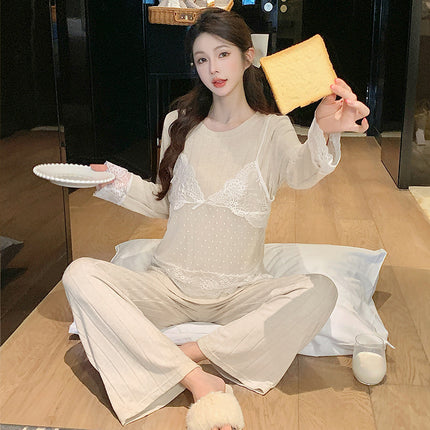 Oh Mida's New Autum High-End Pajamas Women's Cashmere Cotton Fake Two-Piece Long-Sleeved Accessible Luxury Home Wear Outer Suit