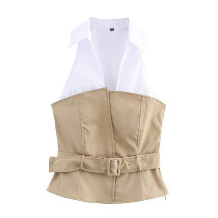 French Splicing Niche Cross-Border Tops European and American Style Collar Women's Clothing Dropshipping New Products Temperament Spring Halter Neck Cross-Border Supply