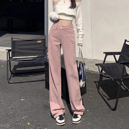 Dirty Pink High Waist Wide Leg Jeans Women's Trendy All-match New Loose Slimming Casual Narrow Straight Long Pants