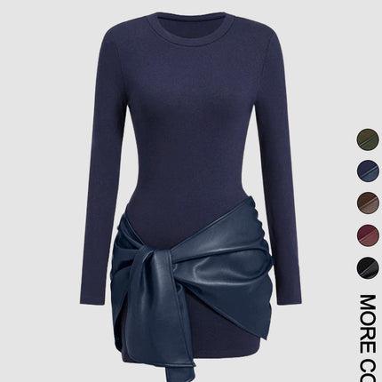 2025 European and American Amazon Women's Pure Color Long-Sleeved Mini Dress + Front Lace-Up Pu Decoration