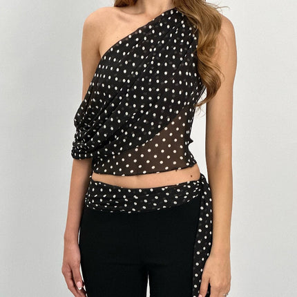 Ins European and American Cross-Border Hot-Selling Women's Clothing Polka-Dot Slant Collar Exposed Navel Asymmetrical Casual Sexy Niche Short Vest for Women