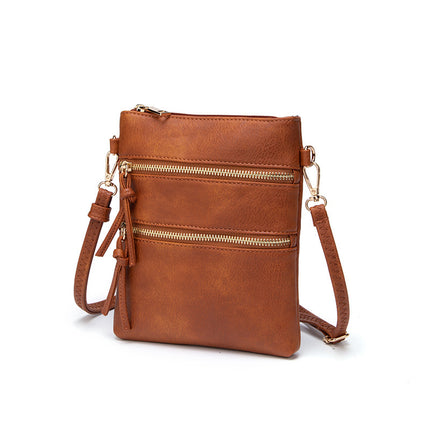 2024 Summer New Women's Bags Wholesale Retro Solid Color Mobile Phone Bags Double Zipper Multifunctional Pocket Vertical Shoulder Bags