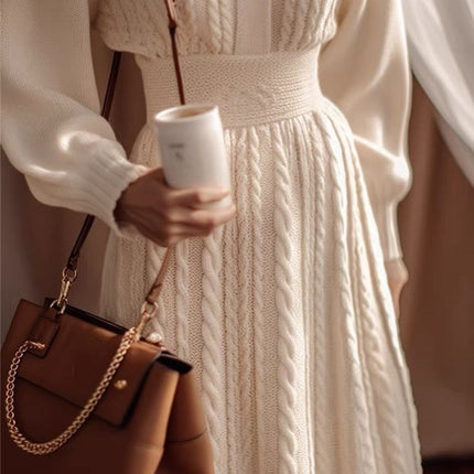 New Stylish White Cable Knit Dress for Women 2025 Autumn and Winter New Trendy Waist-Cinching Slimming Sweater Dress