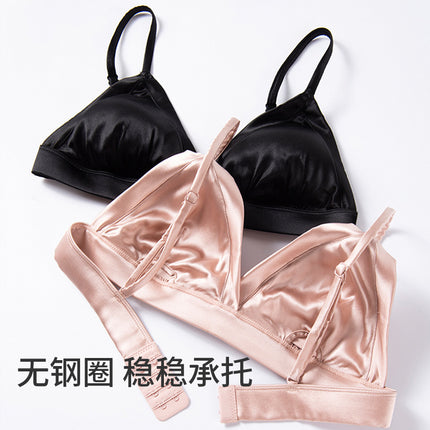 Guolan French Silk Satin Triangle Cup Bra Glosly Non-rimmed Thin Mulberry Silk Underwear