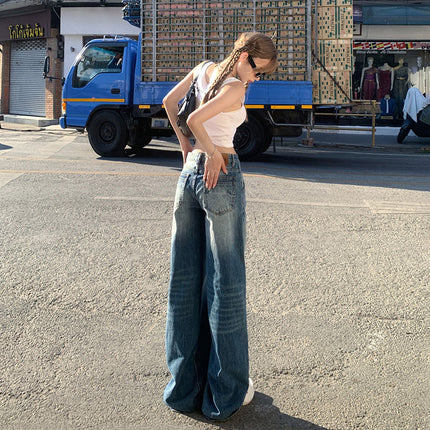 American Style Retro Hot Girl Low Waist Wide Leg Jeans Women's 2025 Spring and Autumn New Straight Tube Loose Slim Look Mop Pants
