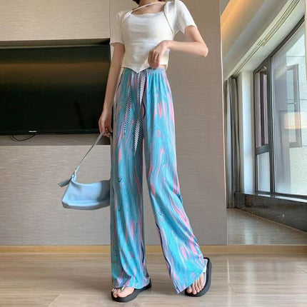 Ice silk tie-dye printed vertical wide leg pants summer thin high waist slim loose casual mop straight pants wholesale
