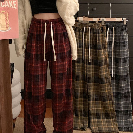 American Retro Plaid Loose Wide-Leg Pants 2025 New Slimming Korean High-Waisted Sports Straight Drape Floor-Length Pants