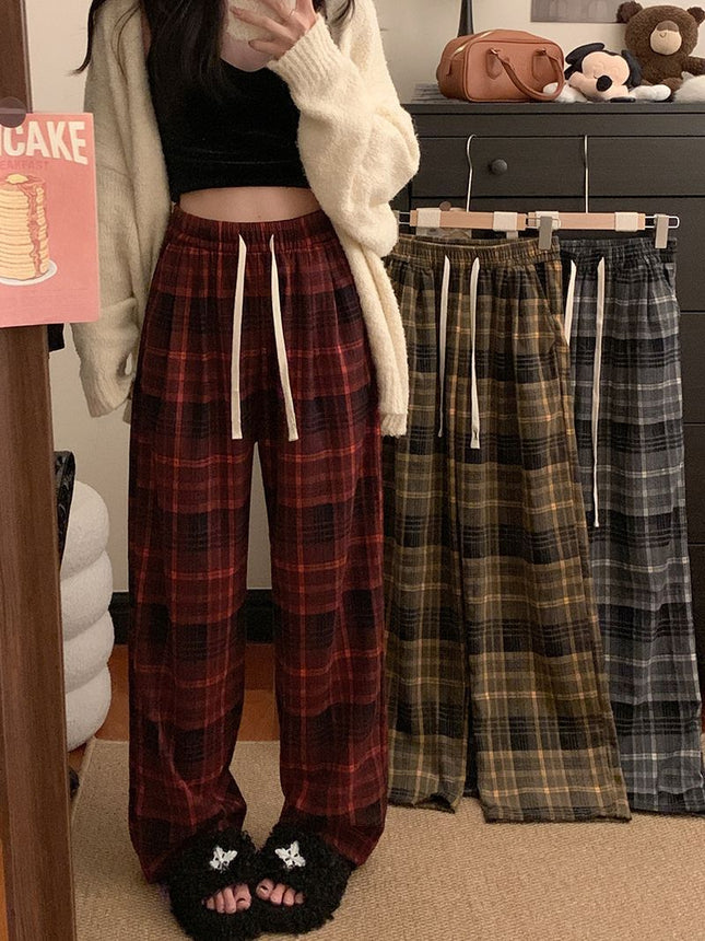 American Retro Plaid Loose Wide-Leg Pants 2025 New Slimming Korean High-Waisted Sports Straight Drape Floor-Length Pants