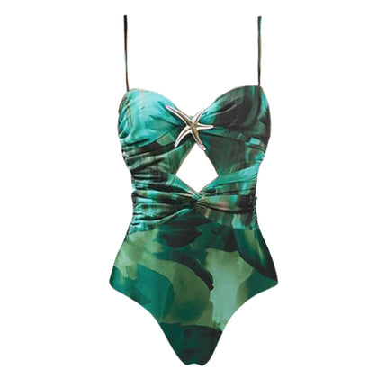 2025 new European and American cross-border new Amazon AliExpress dark green printed starfish decorative one-piece swimsuit for women