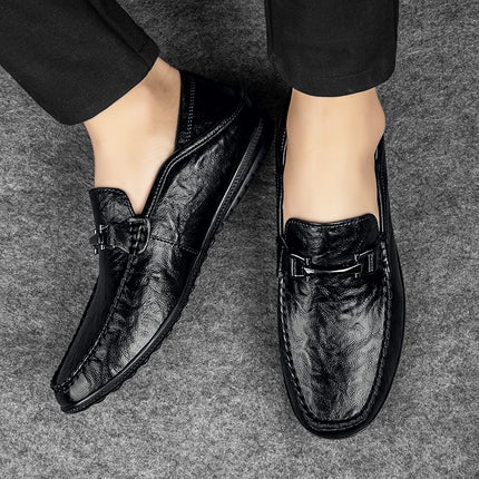 Men's Shoes 2024 Winter New Business Men's Casual Leather Shoes Fashion Soft Sole Slip-on Lazy Black Bean Shoes