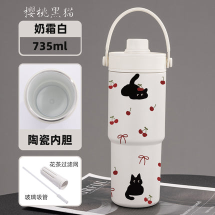 Cross-border high-value 316 stainless steel thermos cup large-capacity double-drink ceramic liner car cup portable handle cup