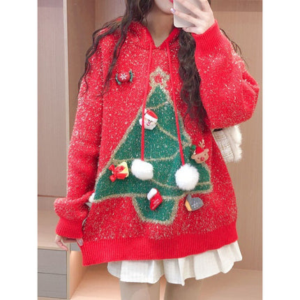 Autumn and Winter New Christmas Tree Sweater Fawn Fur Ball Bright Silk Hooded Design Loose Sweet Age-reducing Knit Sweater for Women