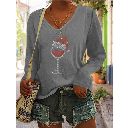 2023 European and American Amazon independent station wish autumn and winter new hot selling women's printed V-neck long sleeve loose T-shirt for women